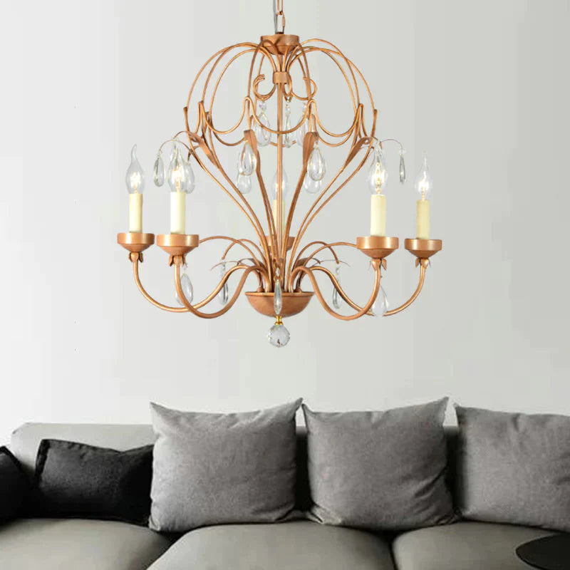 Brass 5/6 Lights Chandelier Light Fixture Traditional Metal And Crystal Candle Pendant Lamp For