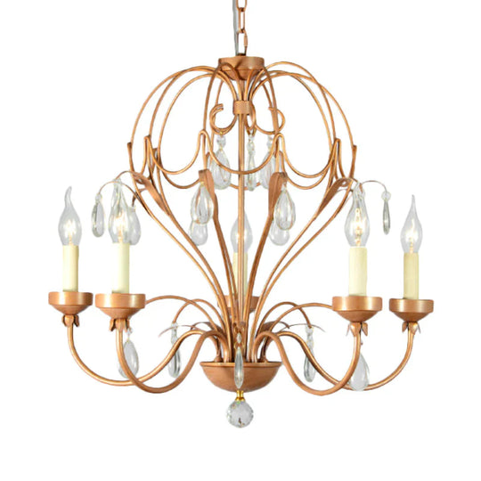 Brass 5/6 Lights Chandelier Light Fixture Traditional Metal And Crystal Candle Pendant Lamp For