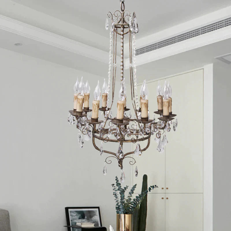 Crystal Candle Ceiling Chandelier Traditional 12 Lights Living Room Pendant Lighting In Bronze