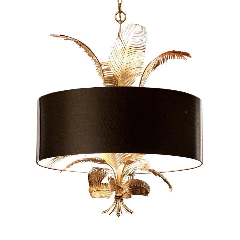 Black Country Drum Chandelier With Leaf Decoration - 6 - Light Fabric Hanging Ceiling Light For