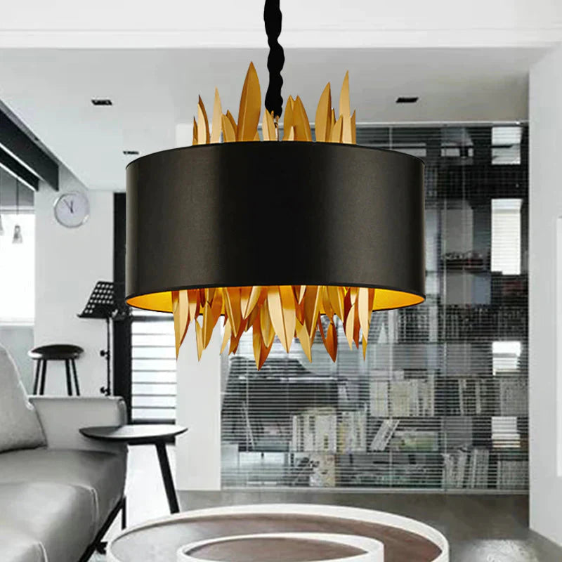 4 Lights Fabric Chandelier Lamp Country Black Round Dining Room Hanging Ceiling Light With Metal