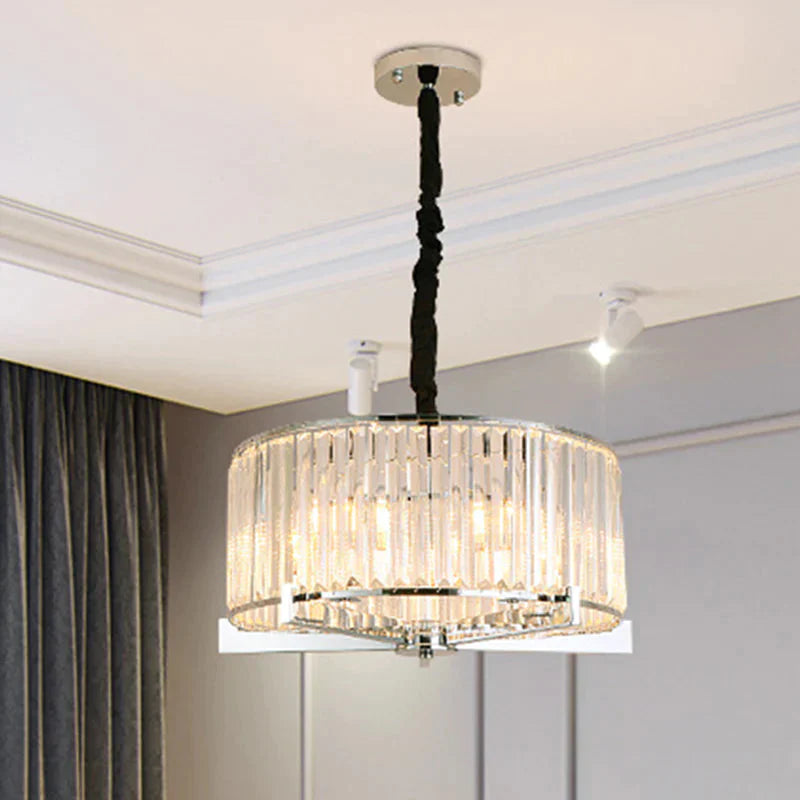 Drum Clear Crystal Block Hanging Lamp Traditional 5/6 Heads Dining Room Chandelier Lighting Fixture