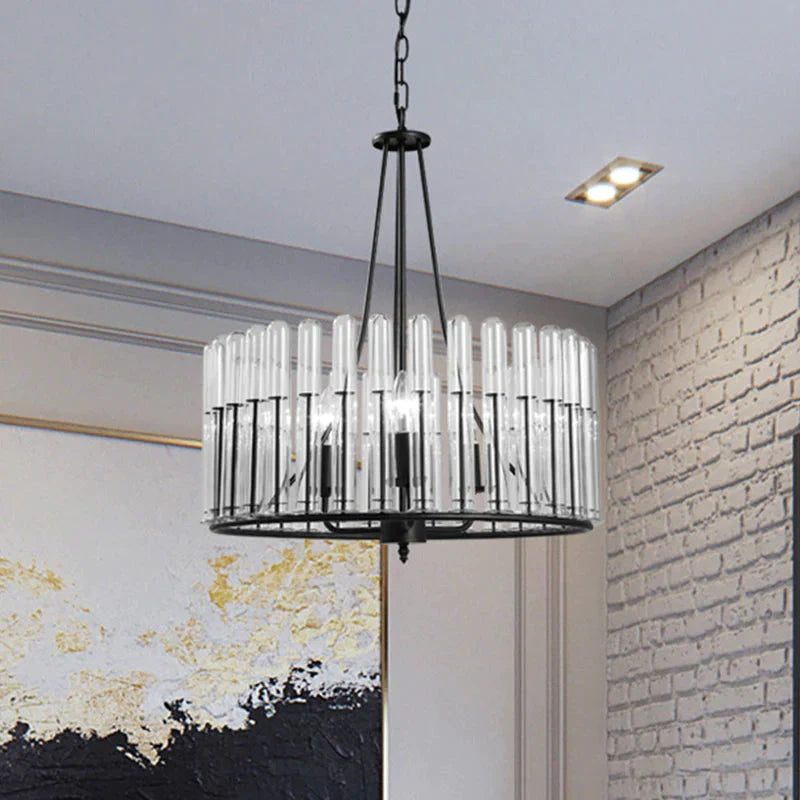 Black Cylinder Hanging Light Kit Traditional Fluted Crystal 3 Lights Dining Room Chandelier Lamp