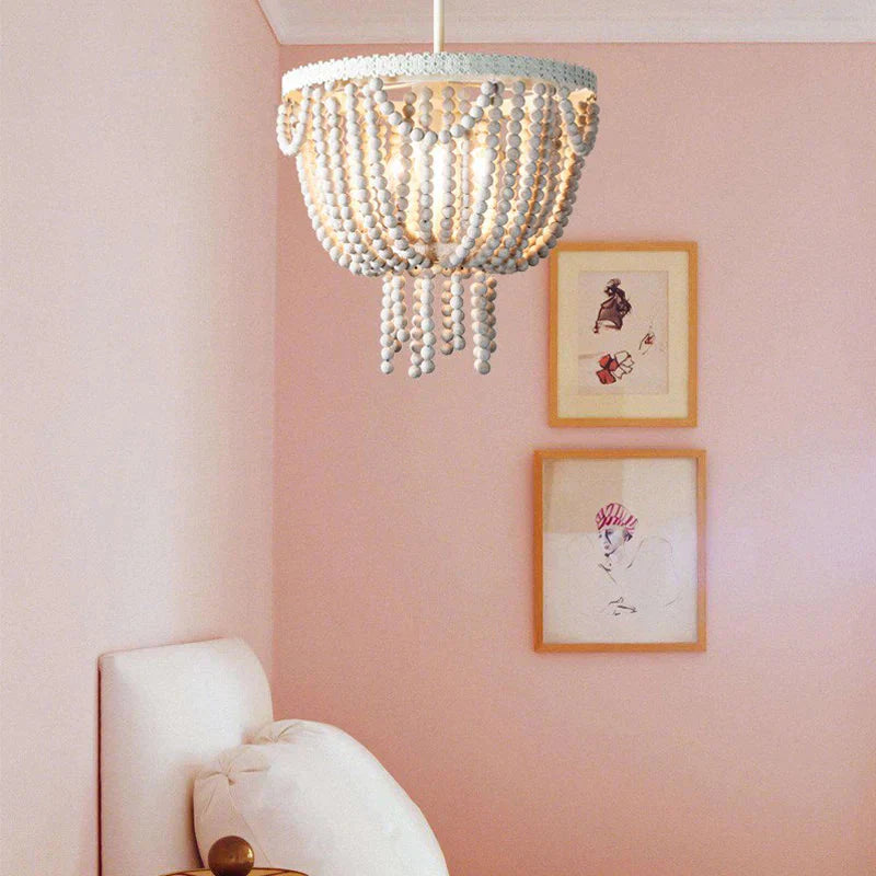 Beaded Bowl Shape Ceiling Pendant French Country 4 Lights Living Room White Wood Chandelier Lamp