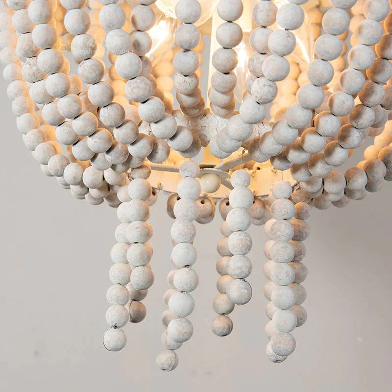 Beaded Bowl Shape Ceiling Pendant French Country 4 Lights Living Room White Wood Chandelier Lamp