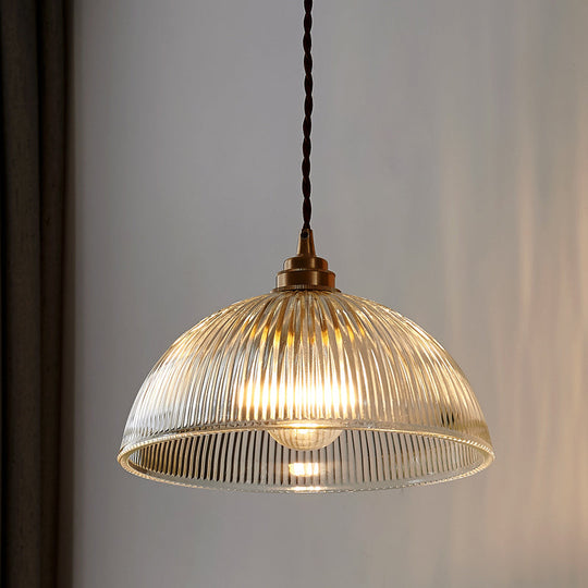 Willow - Ribbed Glass Pendant Light Brass Mini Lamp For Dining Room