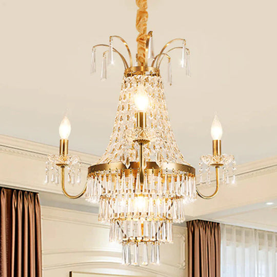 Empire Chandelier Light Fixture With Candle Luxury Crystal 4 Heads Pendant In Brass Finish