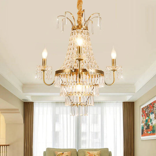 Empire Chandelier Light Fixture With Candle Luxury Crystal 4 Heads Pendant In Brass Finish