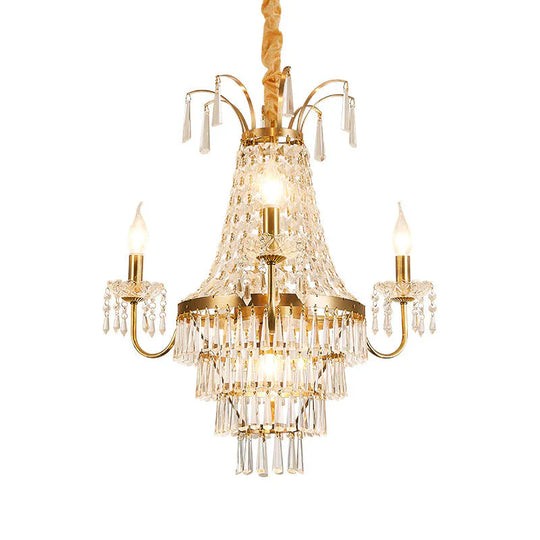 Empire Chandelier Light Fixture With Candle Luxury Crystal 4 Heads Pendant In Brass Finish