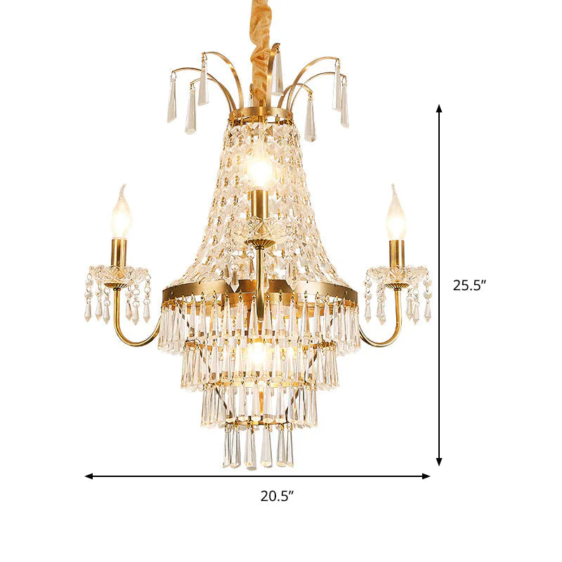 Empire Chandelier Light Fixture With Candle Luxury Crystal 4 Heads Pendant In Brass Finish