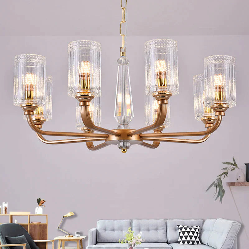 Clear Glass Cylinder Chandelier Light Vintage 3/5/6/8 Heads Lighting Fixture In Gold