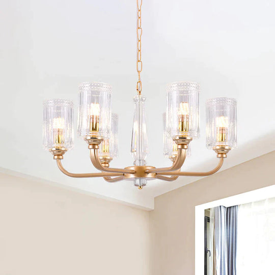 Clear Glass Cylinder Chandelier Light Vintage 3/5/6/8 Heads Lighting Fixture In Gold