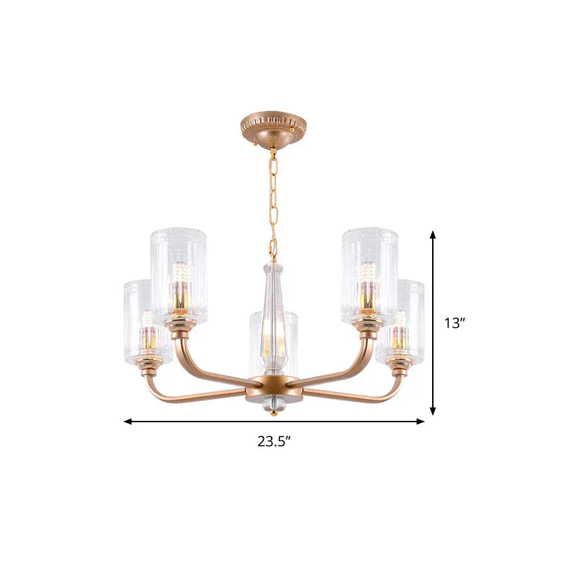 Clear Glass Cylinder Chandelier Light Vintage 3/5/6/8 Heads Lighting Fixture In Gold