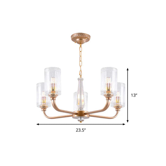 Clear Glass Cylinder Chandelier Light Vintage 3/5/6/8 Heads Lighting Fixture In Gold