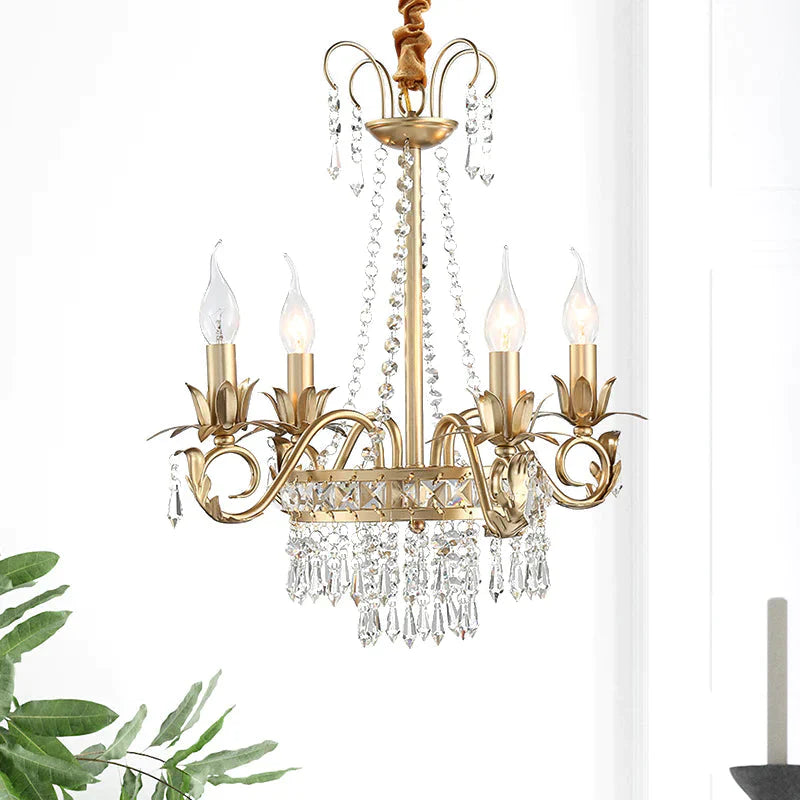 Brass Finish Curved Arm Ceiling Chandelier With Candle Accent Contemporary Crystal 4/6 Bulbs