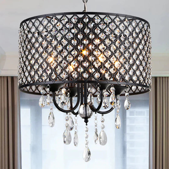 Vintage Style Black/Chrome Chandelier Lamp With Drum Shade 4 Lights Iron And Crystal Hanging Light