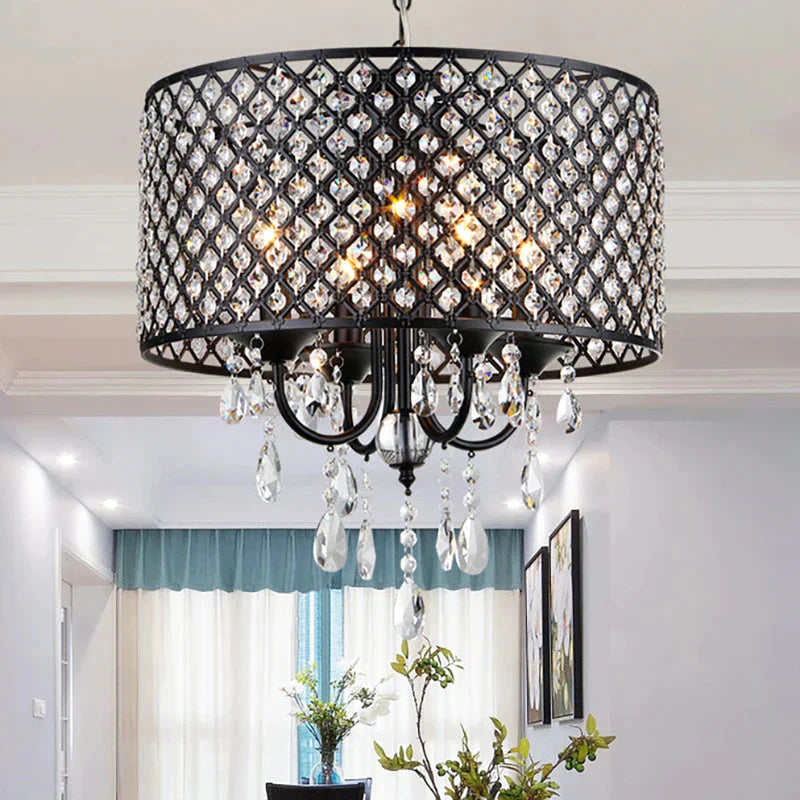 Vintage Style Black/Chrome Chandelier Lamp With Drum Shade 4 Lights Iron And Crystal Hanging Light