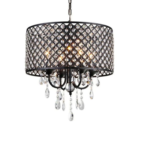 Vintage Style Black/Chrome Chandelier Lamp With Drum Shade 4 Lights Iron And Crystal Hanging Light