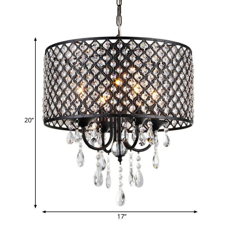 Vintage Style Black/Chrome Chandelier Lamp With Drum Shade 4 Lights Iron And Crystal Hanging Light