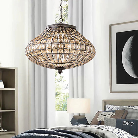 Crystal Beaded Pendant Lamp Vintage Style 3 Lights Hanging Light With Shade In Bronze For Bedroom