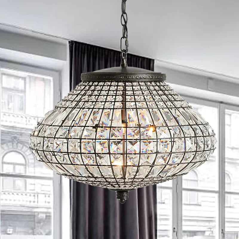 Crystal Beaded Pendant Lamp Vintage Style 3 Lights Hanging Light With Shade In Bronze For Bedroom