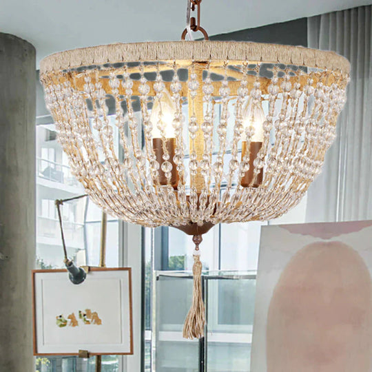 Lodge Style Bowl Chandelier Lamp Clear Crystal Bead 3 Lights Hanging Pendant Light With Rope Detail