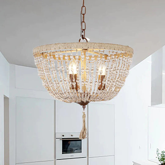 Lodge Style Bowl Chandelier Lamp Clear Crystal Bead 3 Lights Hanging Pendant Light With Rope Detail