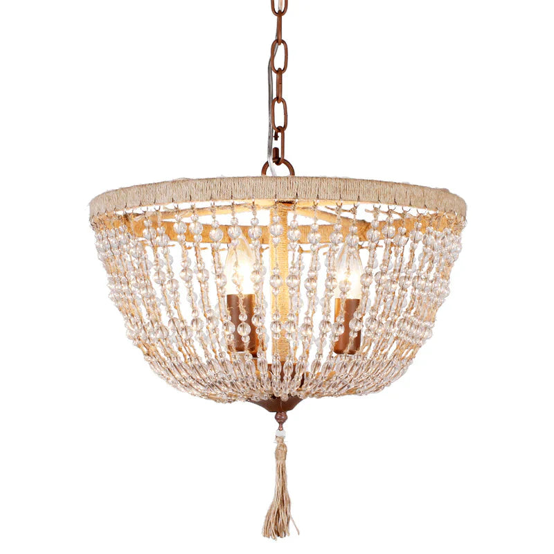 Lodge Style Bowl Chandelier Lamp Clear Crystal Bead 3 Lights Hanging Pendant Light With Rope Detail