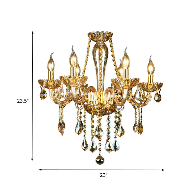 6 Heads Gold Glass Hanging Ceiling Light Traditional Candle Living Room Chandelier Lighting With