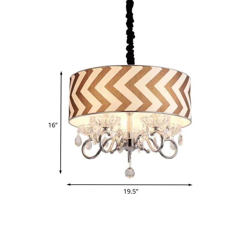 Drum Beige Fabric Chandelier Lamp Traditional 5 Heads Bedroom Hanging Light Fixture With Crystal