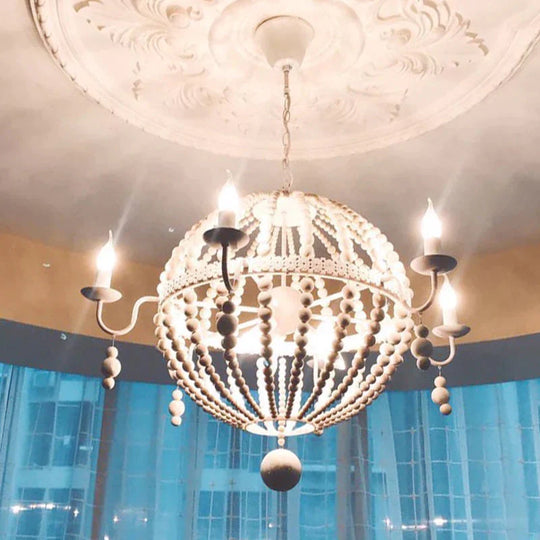 Cottage Sphere Beaded Chandelier 25.5’/31’ Dia 9 - Light White Wood Suspended Lighting Fixture