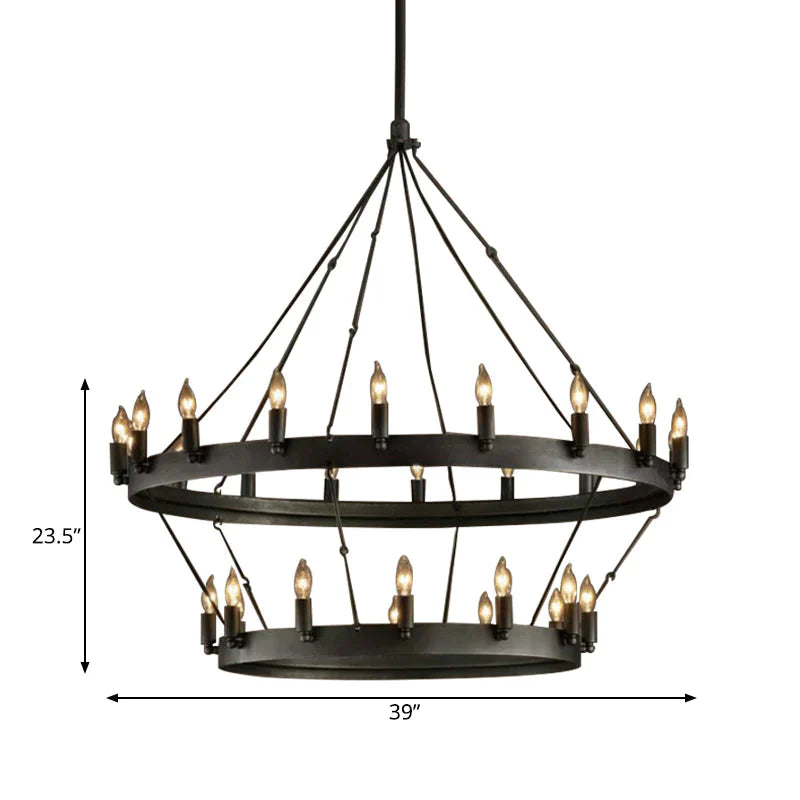 30 Lights Candle Style Hanging Lamp Kit Countryside Black Metal Chandelier Lighting With Round Ring
