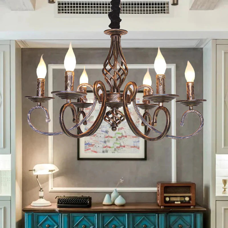6 Lights Swirled Arm Chandelier Lamp Vintage Bronze Metal Suspension Lighting Fixture For Dining