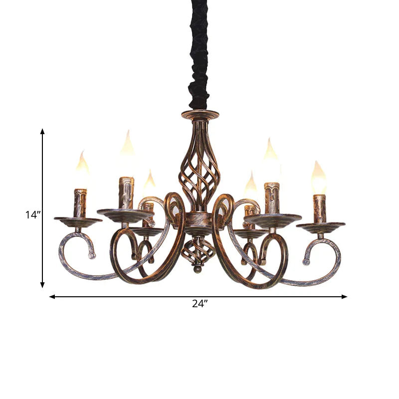 6 Lights Swirled Arm Chandelier Lamp Vintage Bronze Metal Suspension Lighting Fixture For Dining