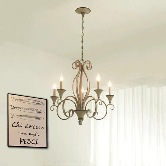 Metal Wood Pendant Lighting Swirled Arm 5 Lights Countryside Chandelier Lamp