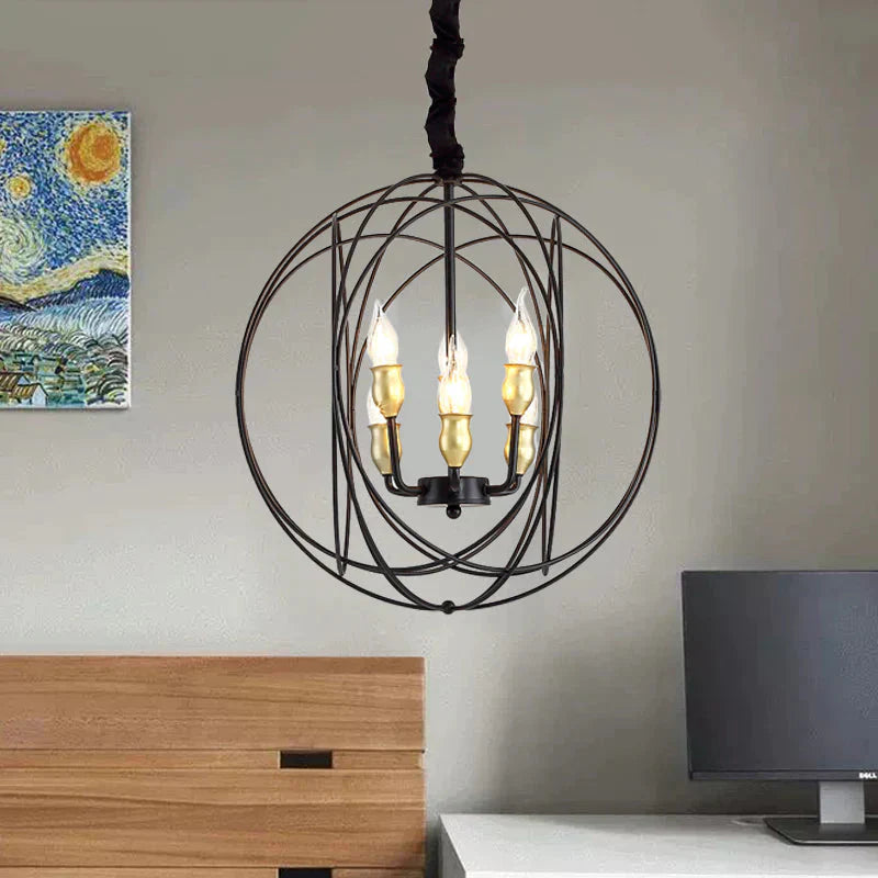 Metal Candle Style Ceiling Pendant Country 4/6 Lights Dining Room Chandelier Lighting In Black/Gold