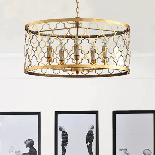 5 Lights Ceiling Suspension Lamp Country Drum Metal Chandelier Lighting In Gold With Living Room