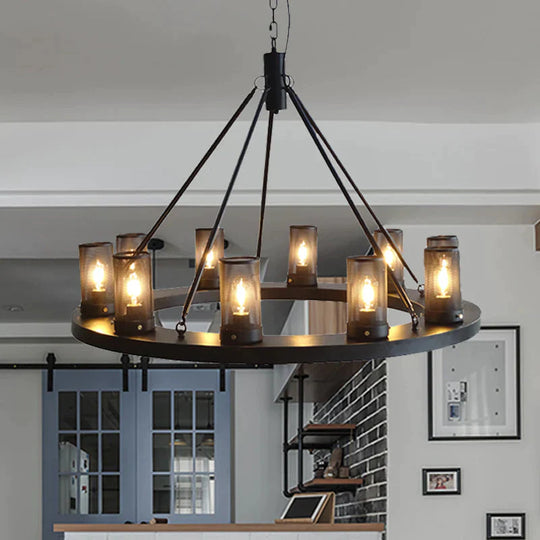 Classic Black Cylindrical Metal Ceiling Pendant With 10 Lights For Living Room