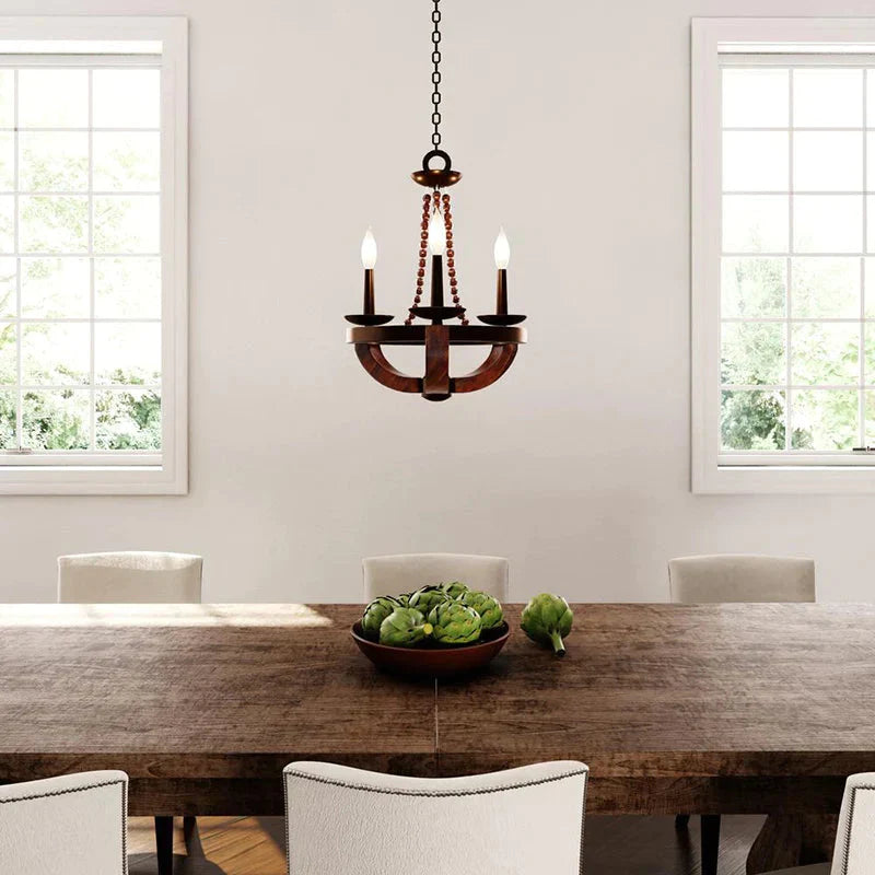 Country Candlelabrum Pendant Light 3 Lights Metal Chandelier Lamp In Dark Wood