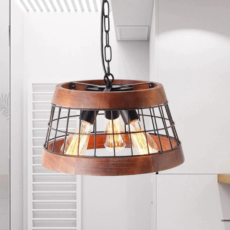 3 Lights Drum Ceiling Pendant Vintage Wood Metal Chandelier Lighting With Cage