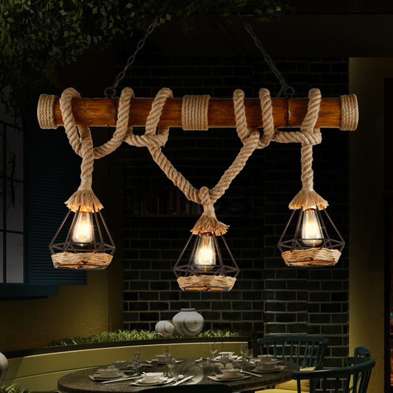 Sophie’s Rustic 3 - Light Island Pendant With Beige Hemp Rope Shade For Restaurant Suspension