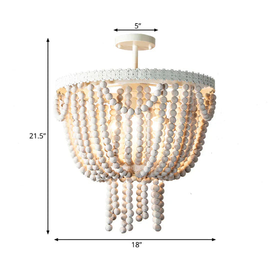 Beaded Bowl Shape Ceiling Pendant French Country 4 Lights Living Room White Wood Chandelier Lamp