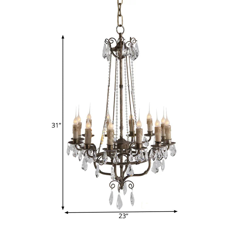 Crystal Candle Ceiling Chandelier Traditional 12 Lights Living Room Pendant Lighting In Bronze