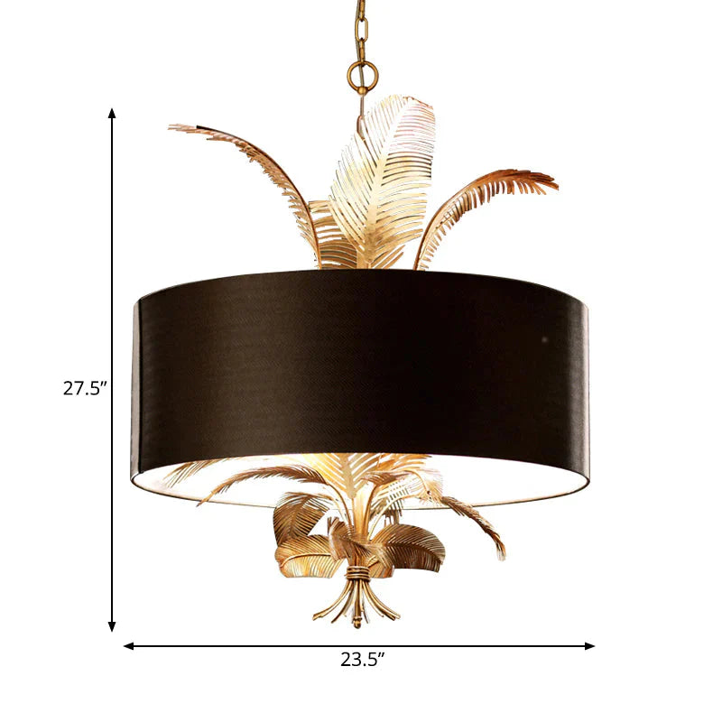 Black Country Drum Chandelier With Leaf Decoration - 6 - Light Fabric Hanging Ceiling Light For