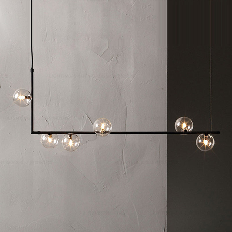 Modern Minimalism Black Linear 6 - Light Island Pendant Lighting With Sphere Glass Shade For Living
