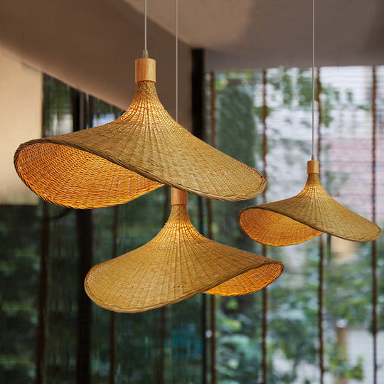 Naos - Beige Straw Hat Hanging Lamp: Asian 1 - Light Rattan Pendant Light