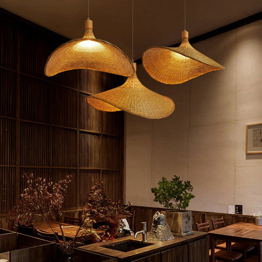 Naos - Beige Straw Hat Hanging Lamp: Asian 1 - Light Rattan Pendant Light