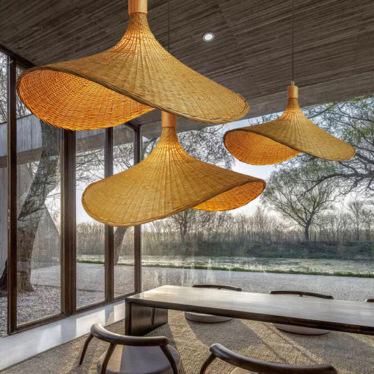 Naos - Beige Straw Hat Hanging Lamp: Asian 1 - Light Rattan Pendant Light