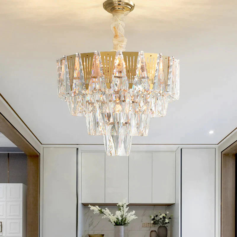 Triangle Chandelier Modernism Metallic 7 - Light Gold Hanging Ceiling Light With Crystal Icicle