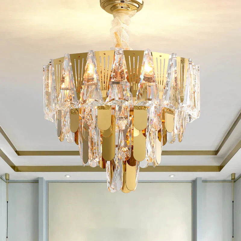 Triangle Chandelier Modernism Metallic 7 - Light Gold Hanging Ceiling Light With Crystal Icicle